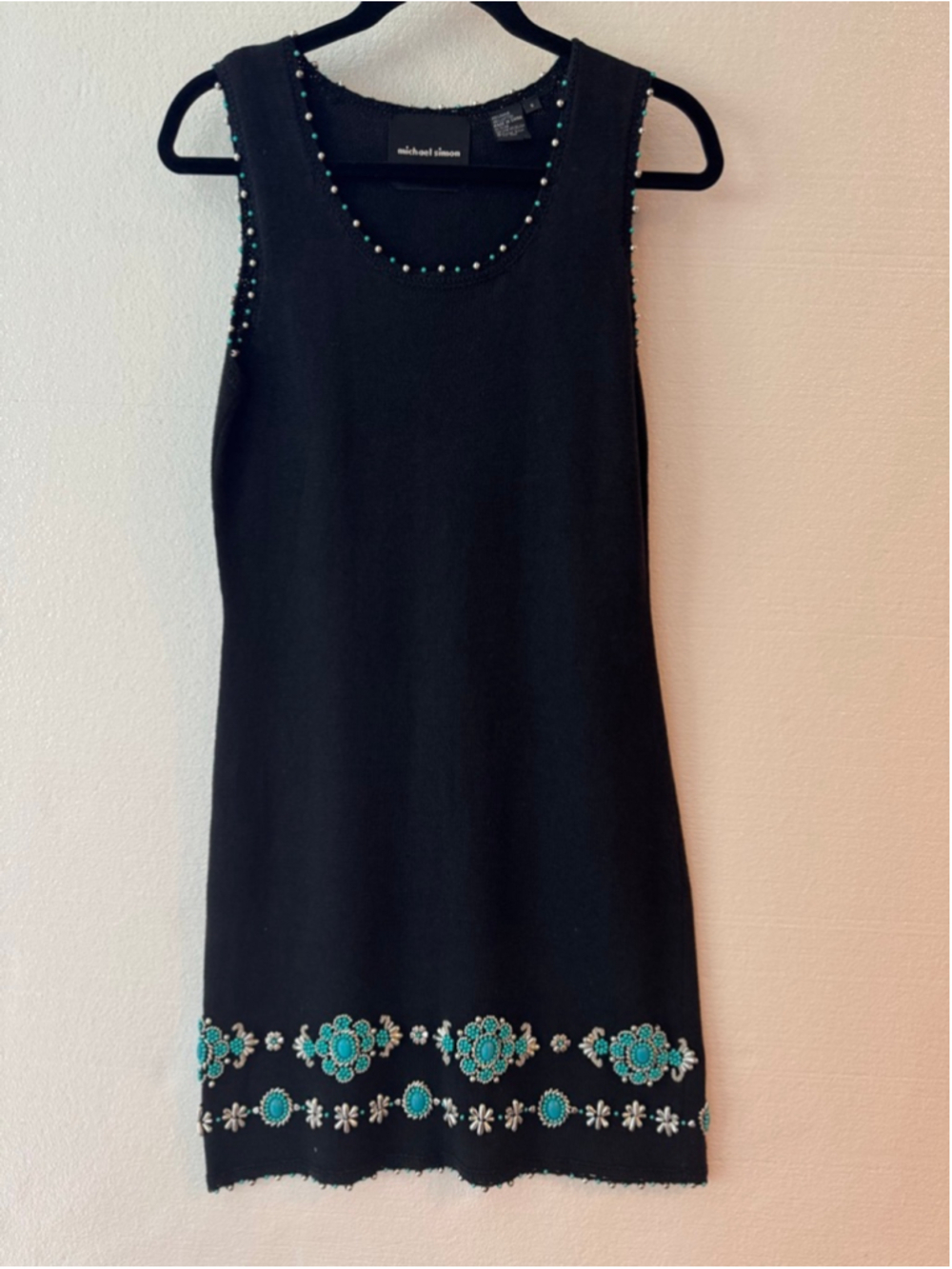 Vintage Michael Simon Sweater Dress Black Turquoise Beaded Cardigan Set of 2 - Picture 2 of 10